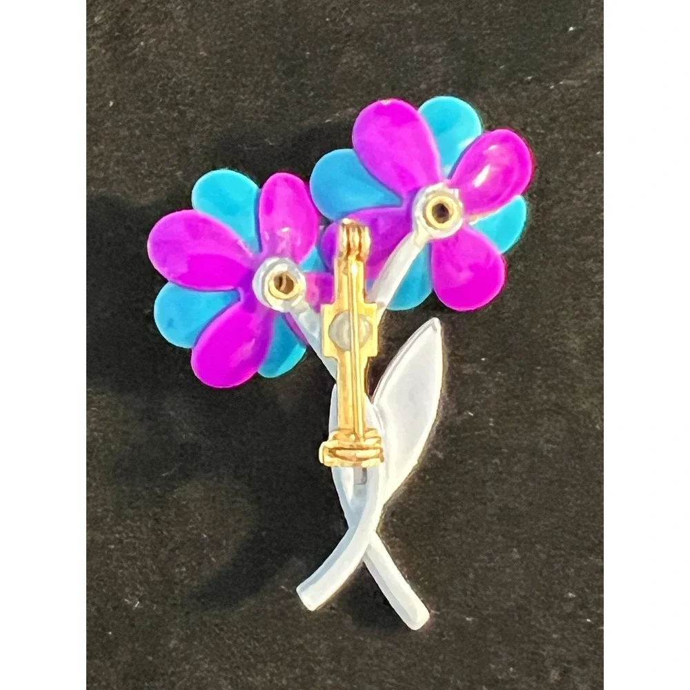 Estate Brooch Purple & Blue Enamel Flower Pin with Baby Blue Stem VTG MCM